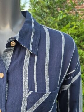 Sandy & Sid (India) Ladies Pure Cotton Navy Button-Down Blouse W/Grey Stripes